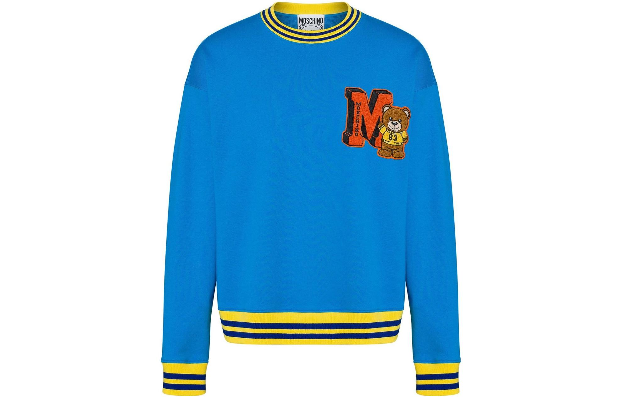 MOSCHINO SS22 Teddy Bear Patch Striped Trim Pullover Sweatshirt Blue V171-0228-2317
