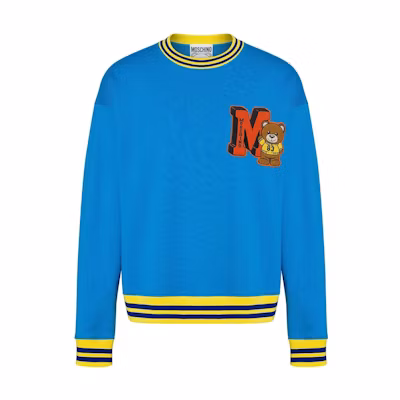 MOSCHINO SS22 Teddy Bear Patch Striped Trim Pullover Sweatshirt Blue V171-0228-2317