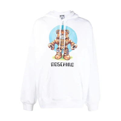Moschino SS22 White Hoodie with Logo Robot Cartoon Print V1716-7028-1001