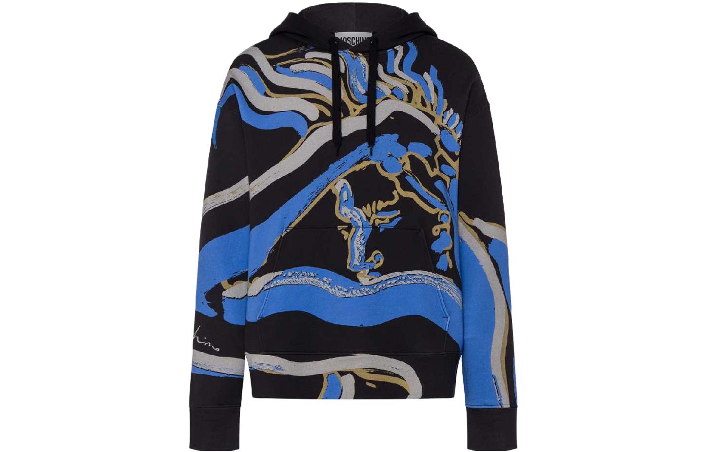 MOSCHINO SS23  Blue Drawstring Hoodie with Blue-White Pattern. 231ZZA171602272555