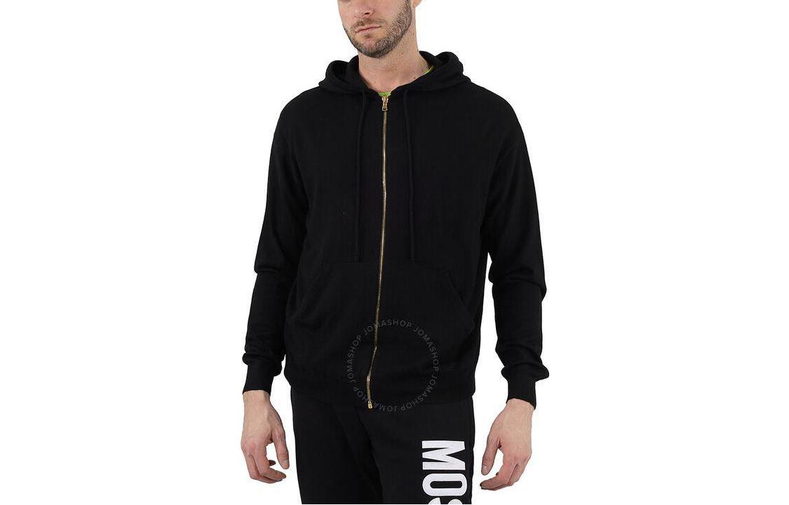 MOSCHINO SS23 Black Teddy Logo Knit Jacket with Zipped Hood Mens Holiday Edition A0901-4100-1555
