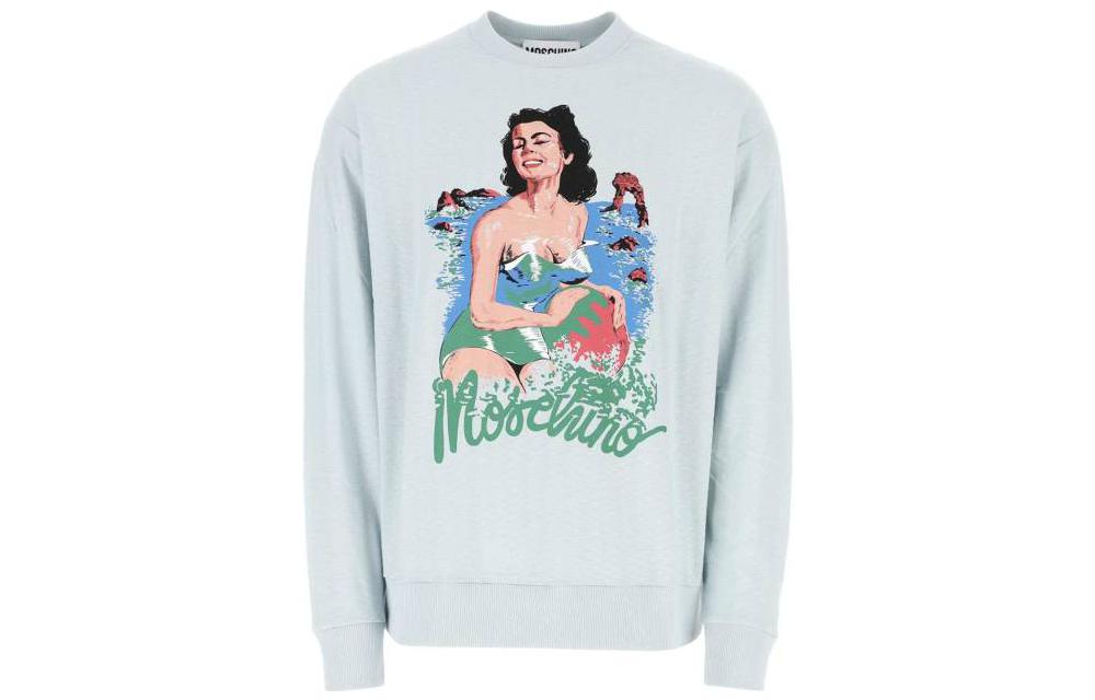 MOSCHINO SS23 Blue White Crewneck Sweatshirt with Letter and Graphic Design A121720451292