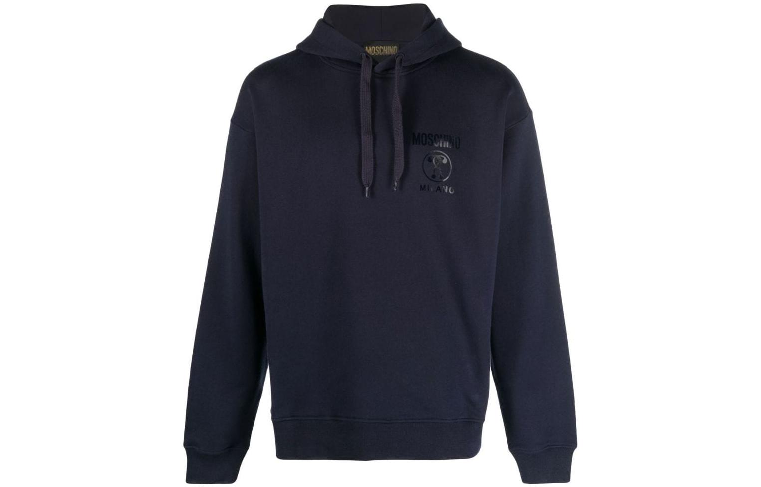 Moschino SS23 Navy Blue Hoodie with Logo Print and Drawstring A1703-2028-0290