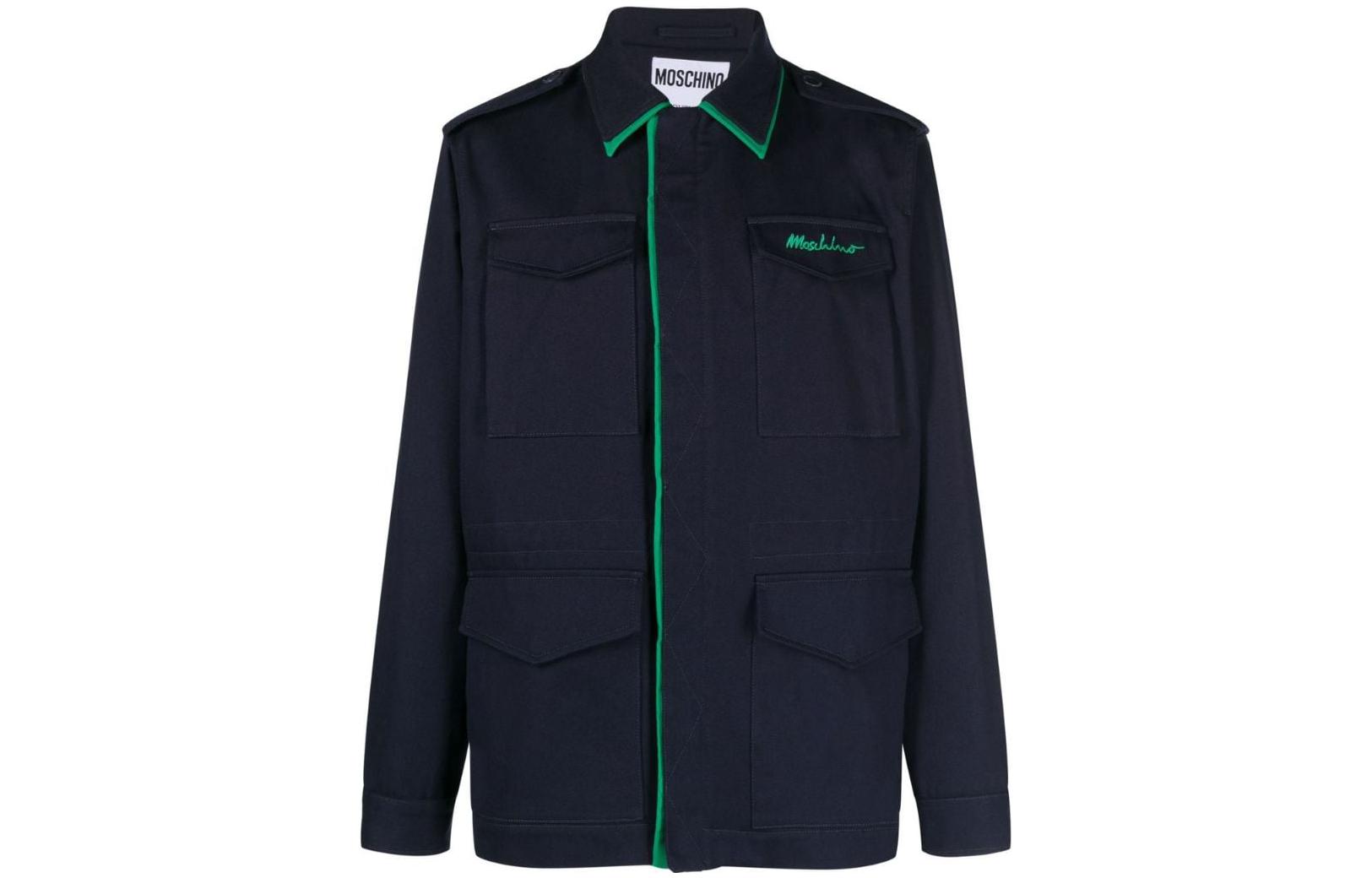 MOSCHINO SS23 Solid Logo Embroidered Collared Jacket Navy Blue Men’s J0642-2020-1290