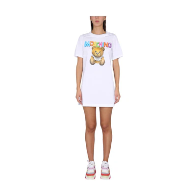 MOSCHINO SS23 White Cotton Teddy Bear Graphic Short Sleeve Dress. V0446-0441-1001