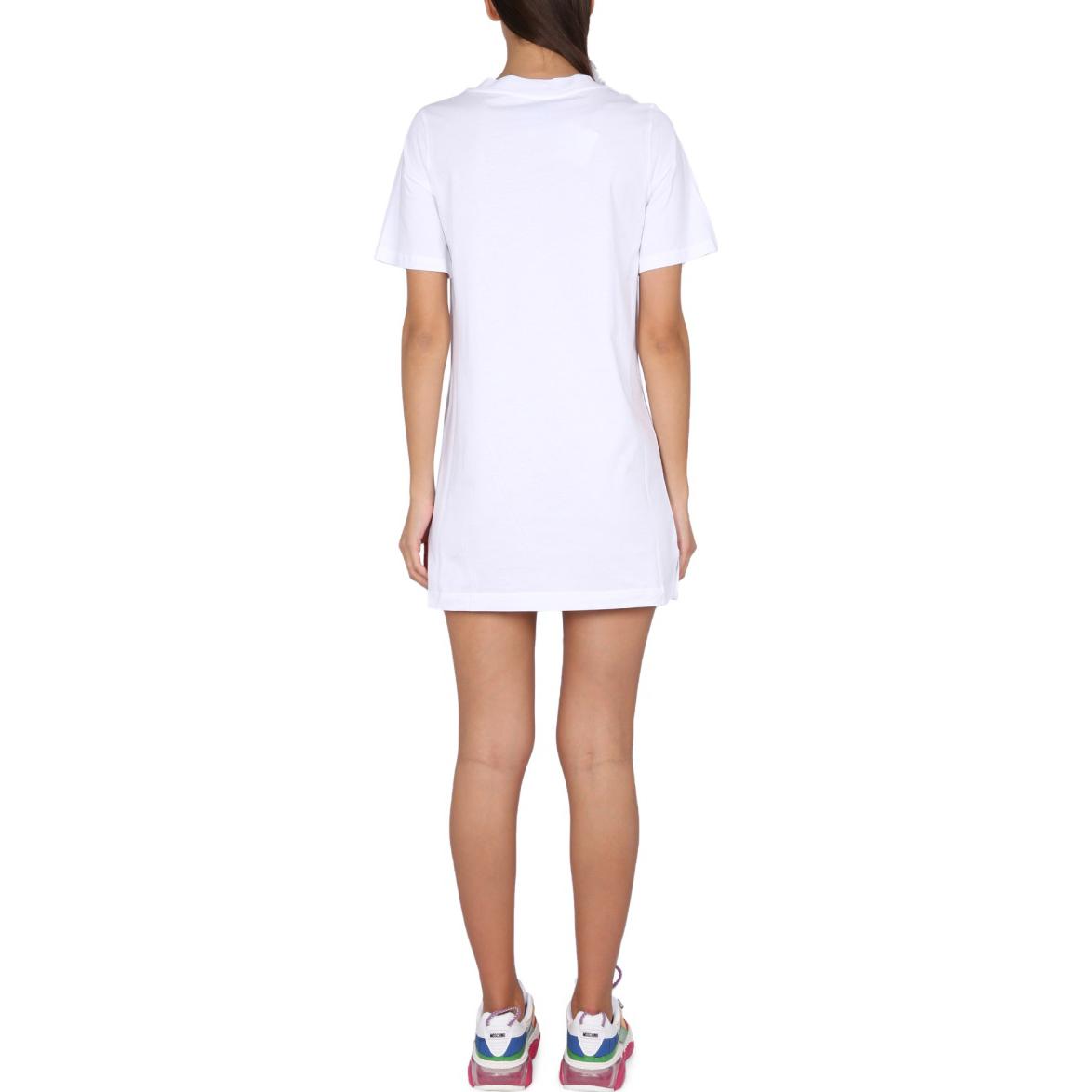 Shop 모스키노 SS23 화이트 코튼 테디베어 그래픽 숏슬리브 원피스. V0446-0441-1001