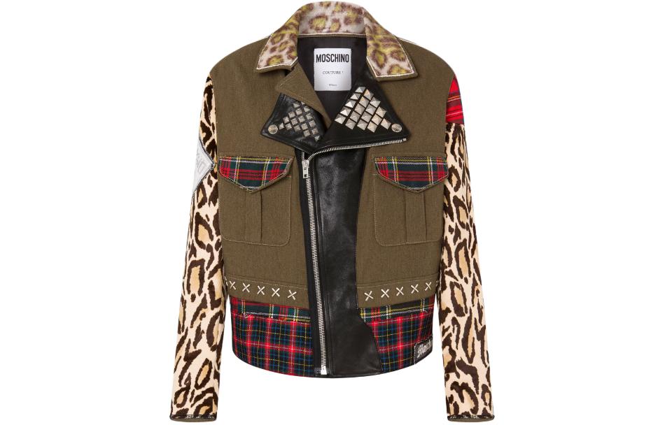 MOSCHINO SS24 Military Patchwork Jacket Leopard Print Green Zip-Up A0612-7014-1438