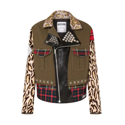 MOSCHINO SS24 Military Patchwork Jacket Leopard Print Green Zip-Up A0612-7014-1438