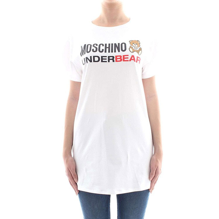 Lookbook MOSCHINO Teddy Bear Logo Print Short Sleeve T-Shirt Dress White. A1905-9003-01