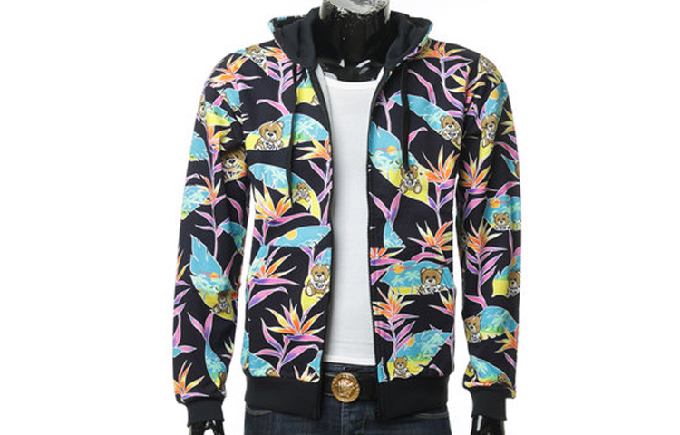 MOSCHINO Teddy Bear Palm Leaf Print Black Hooded Jacket for Men. 3-A1704-2310-1555