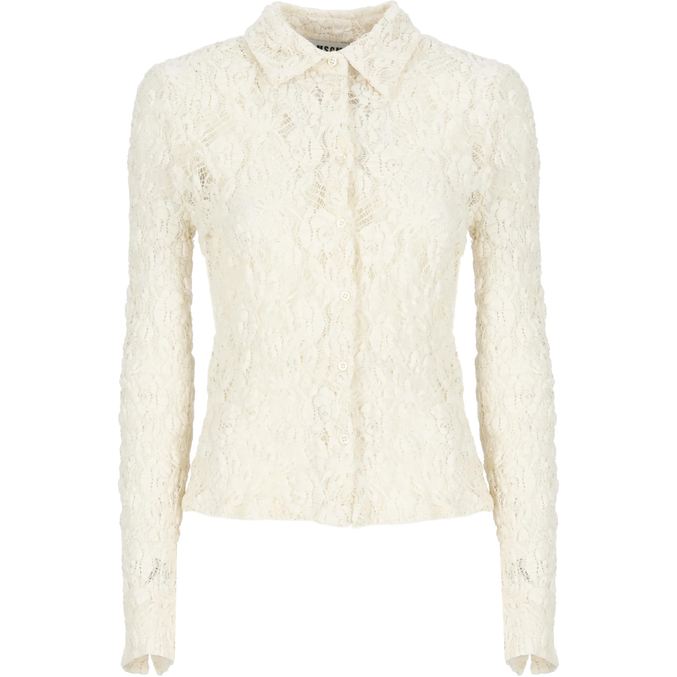 MSGM  White Lace Collar Long Sleeve Button-Up Shirt. 3741MDE06247624-02