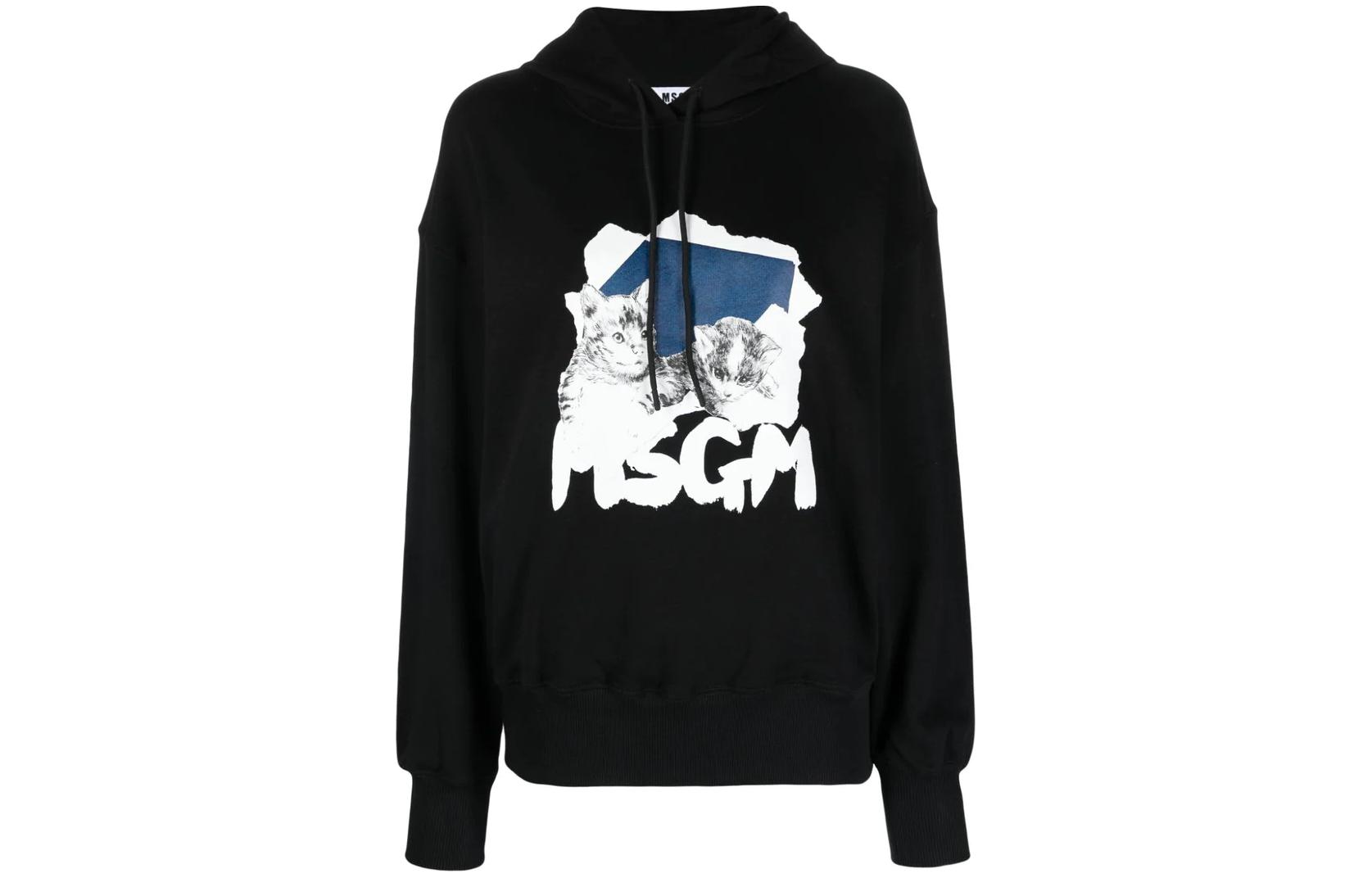 MSGM Black Hoodie with Kitten Letter Print Design 3541MDM14723779999