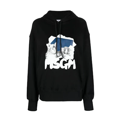 MSGM Black Hoodie with Kitten Letter Print Design 3541MDM14723779999