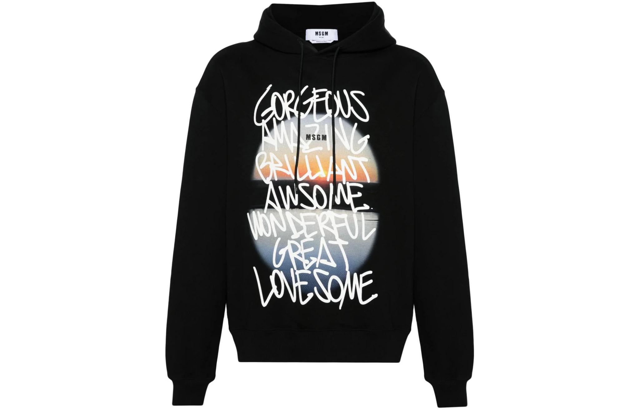MSGM Black Hoodie with Letter Print Long Sleeves Pullover Design 3640MM145247001-99