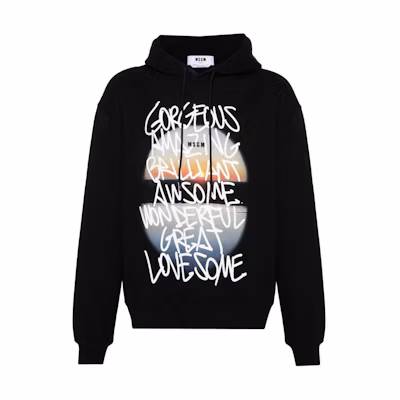 MSGM Black Hoodie with Letter Print Long Sleeves Pullover Design 3640MM145247001-99