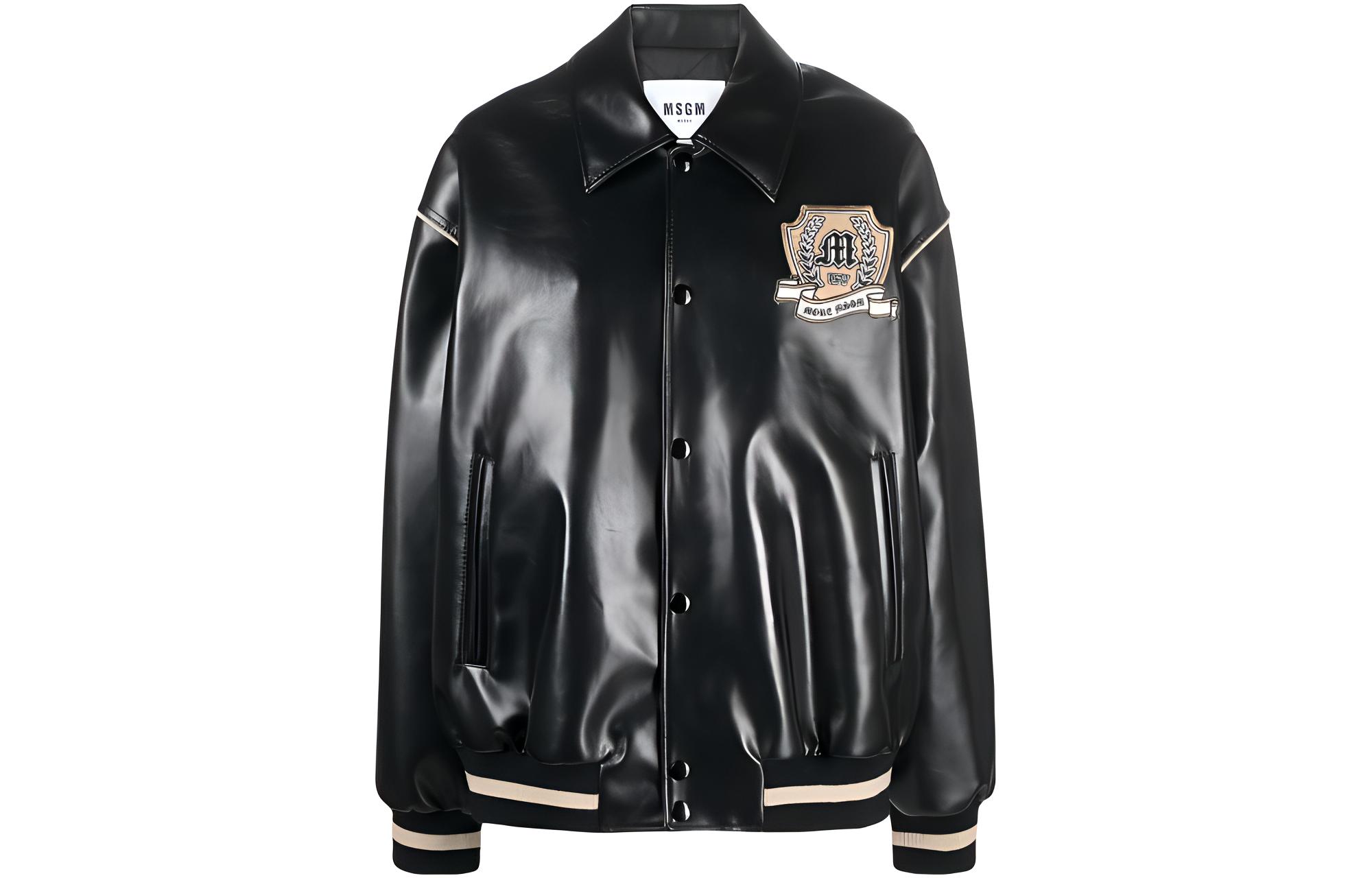 MSGM Black Leather Patch Bomber Jacket Unisex 3541MDH17237625-BLACK