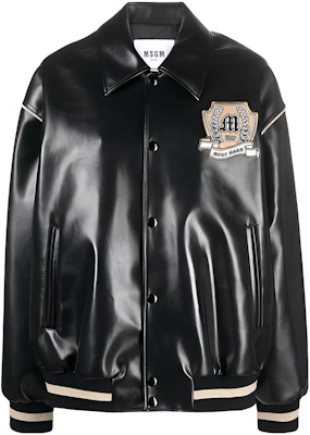 MSGM 黑色真皮贴布飞行夹克 男女同款 3541MDH17237625-BLACK Buy MSGM 黑色真皮贴布飞行夹克 男女同款 3541MDH17237625-BLACK