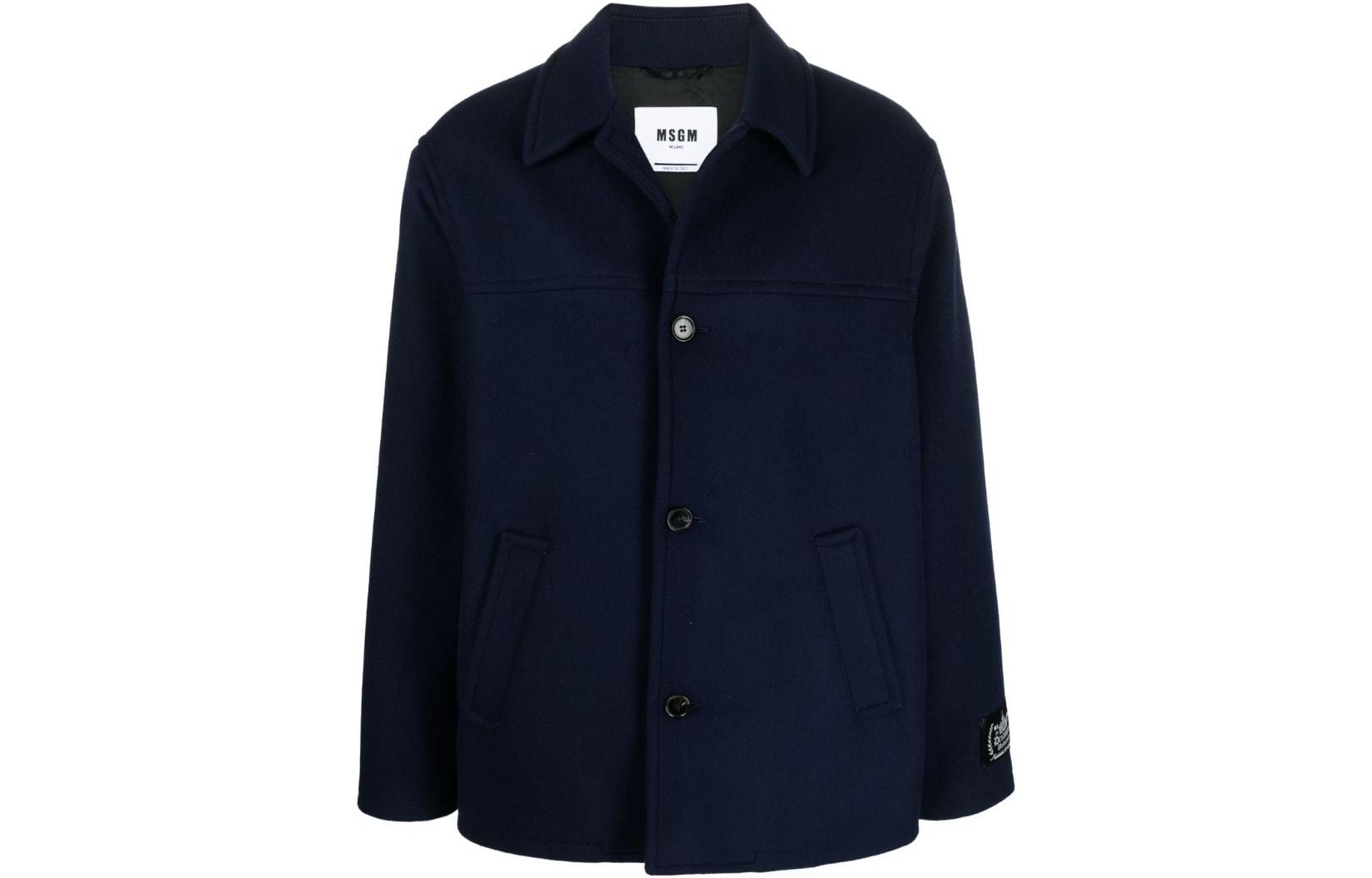 MSGM Button-Up Collared Patch Long Sleeve Jacket Unisex Navy Blue 3540MC03237600