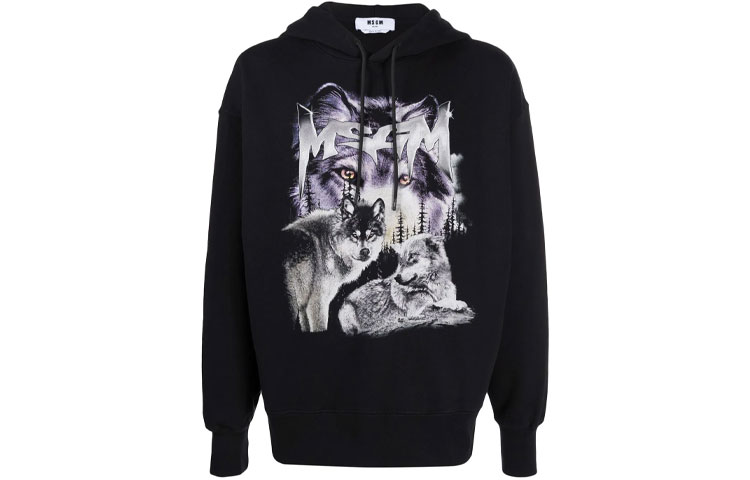 MSGM FW21 Black Hoodie with Solid Color Wolf Print Long Sleeve 3140MM166217599-99