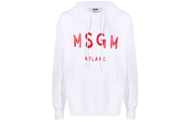 MSGM FW21 White Logo Print Long Sleeve Hoodie 3140MM515217599-01