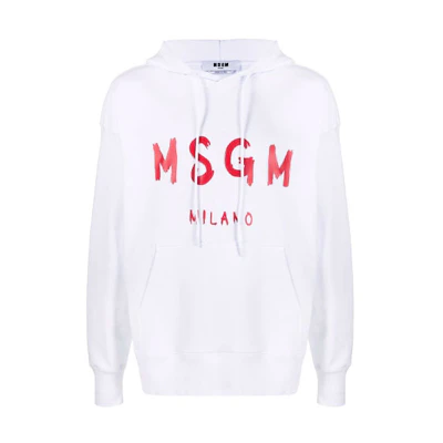 MSGM FW21 White Logo Print Long Sleeve Hoodie 3140MM515217599-01