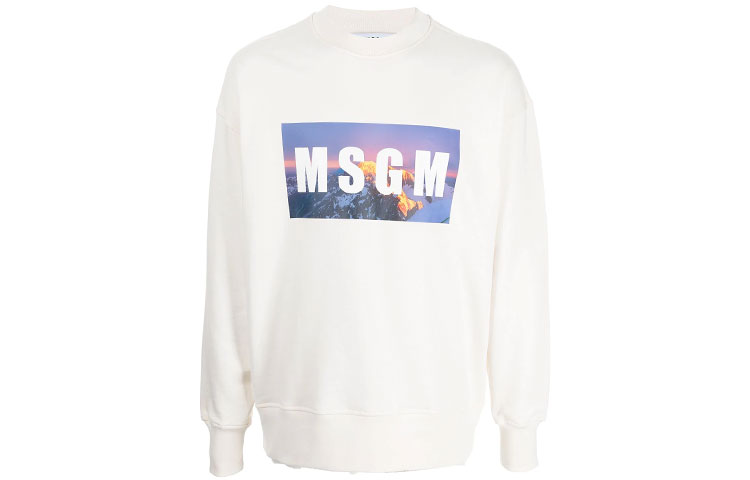MSGM FW21 White Pullover Crewneck Sweatshirt with Logo Print for Men 3140MM163217599-02