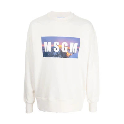 MSGM FW21 White Pullover Crewneck Sweatshirt with Logo Print for Men 3140MM163217599-02
