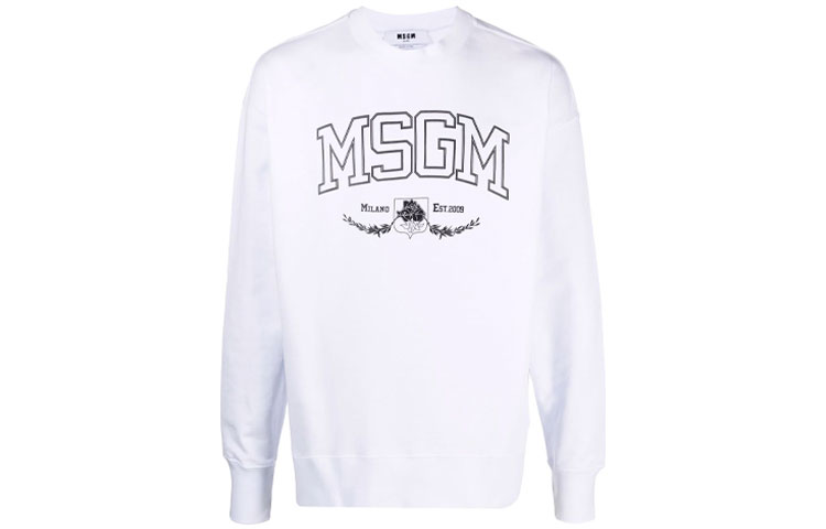 MSGM FW21 White Pullover Crewneck Sweatshirt with Logo Print for Men 3140MM168217599-01