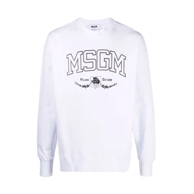 MSGM FW21 White Pullover Crewneck Sweatshirt with Logo Print for Men 3140MM168217599-01