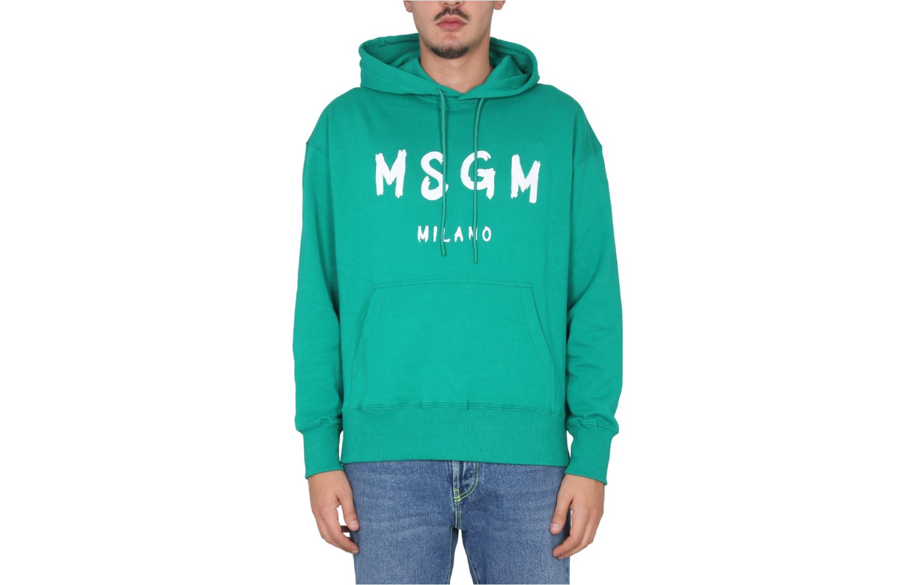 MSGM FW22 Green Logo Print Hoodie with Kangaroo Pocket Men’s Long Sleeve 3340MM515227799-38