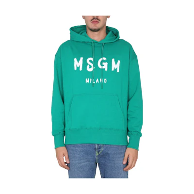 MSGM FW22 Green Logo Print Hoodie with Kangaroo Pocket Men’s Long Sleeve 3340MM515227799-38