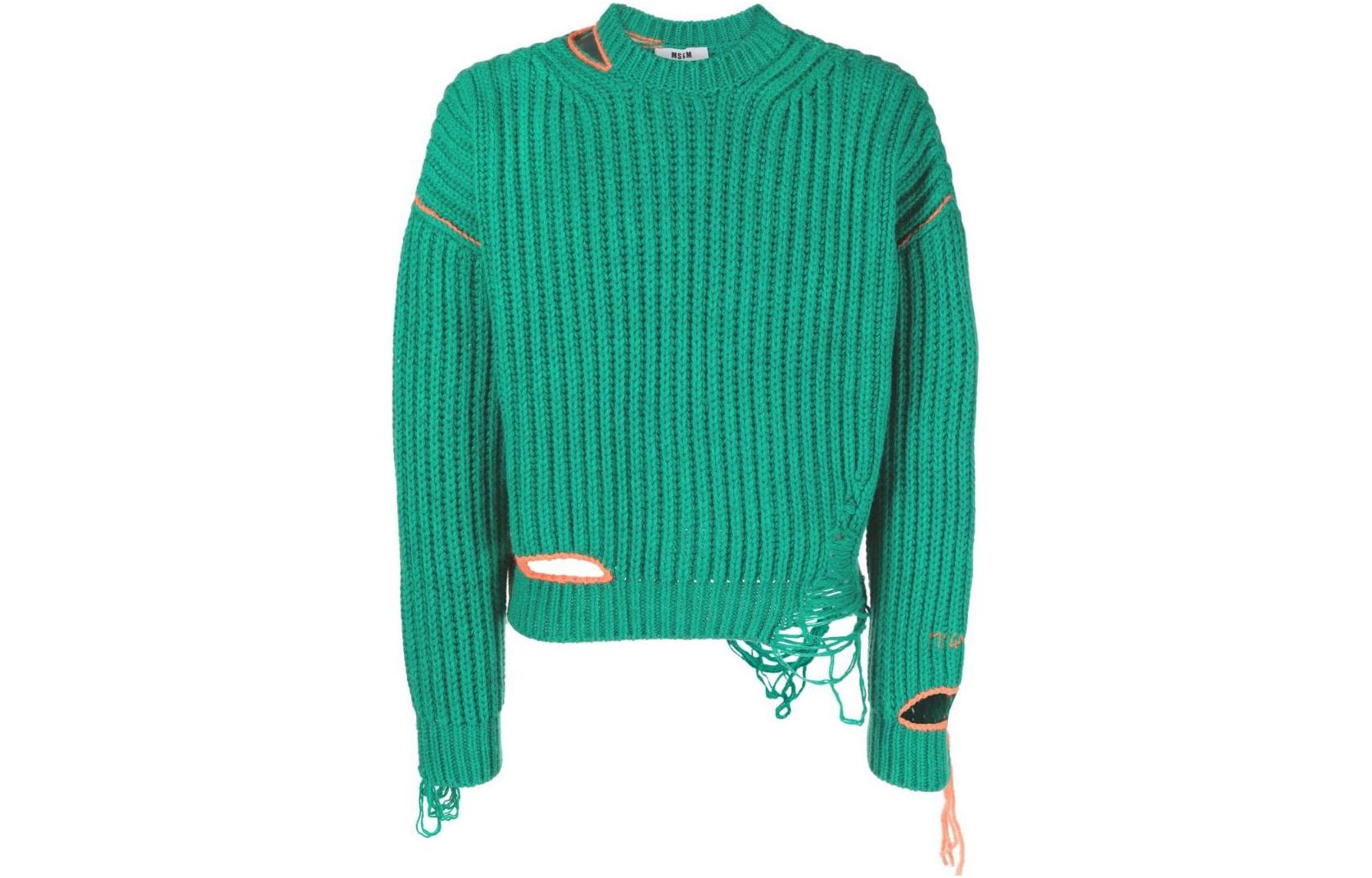 MSGM FW22 Solid Ribbed Knit Crewneck Sweater Green 3340MM12422757535