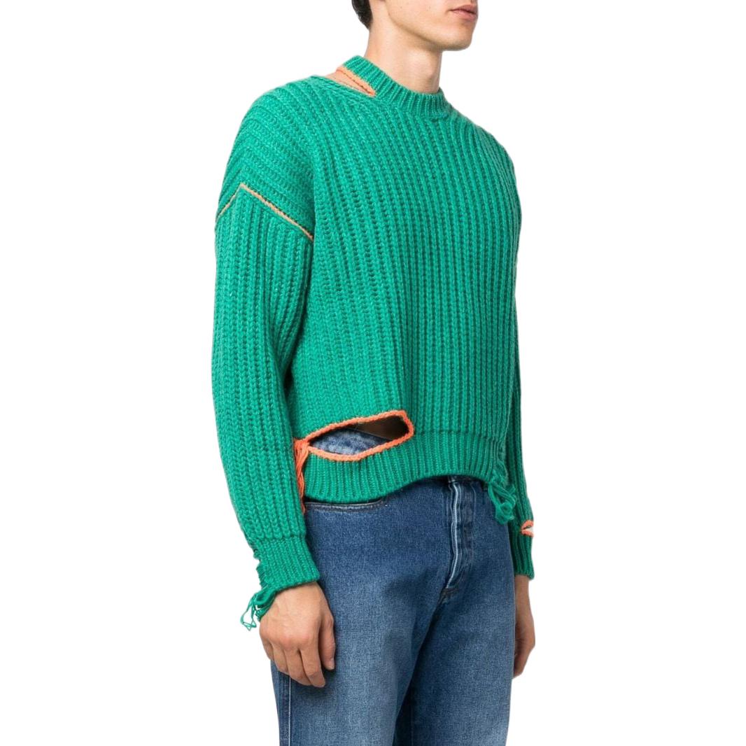 Shop MSGM FW22 솔리드 립 니트 크루넥 스웨터 그린 3340MM12422757535