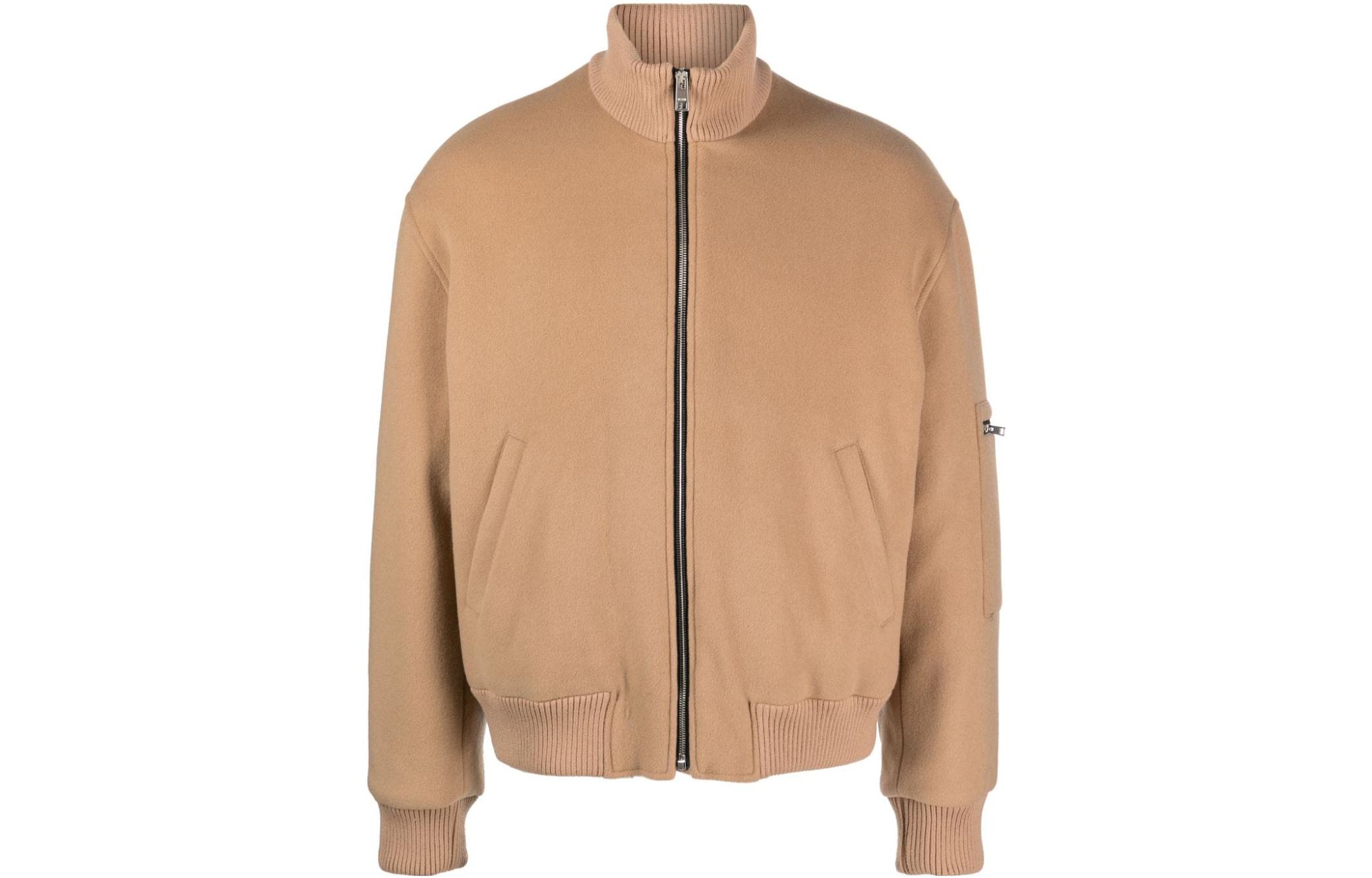 MSGM FW23 Brown High-Neck Zip Jacket with Logo Applique 3540MH06X237600-BROWN