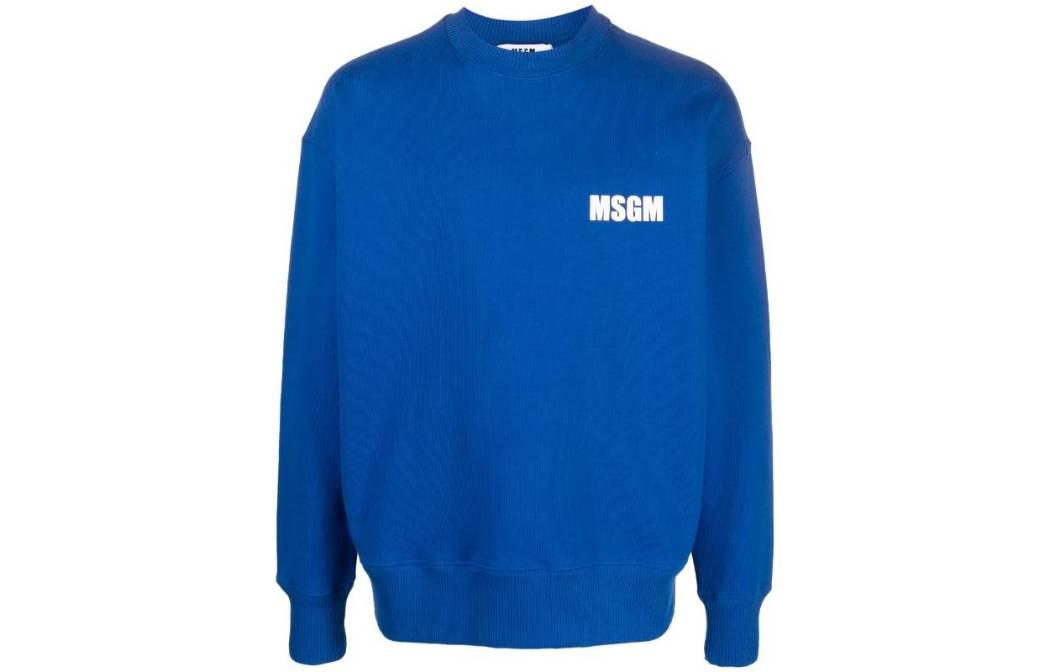 MSGM FW23 Logo Print Crewneck Oversized Long Sleeve Sweatshirt Blue Mens 3540MM111-237795-88