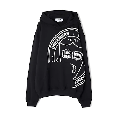 MSGM Graphic Print Black Hoodie Loose-Fit Long Sleeve Sweater 3540MM98-237799-99