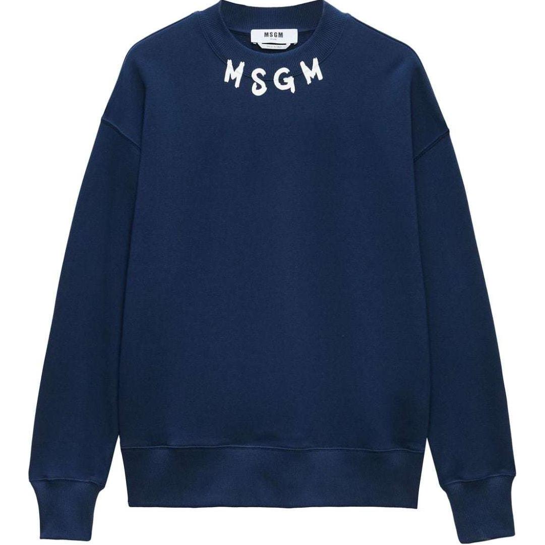 MSGM Logo Crewneck Ribbed Drop Shoulder Navy Blue Sweatshirt 3740MM103247799-NAVY