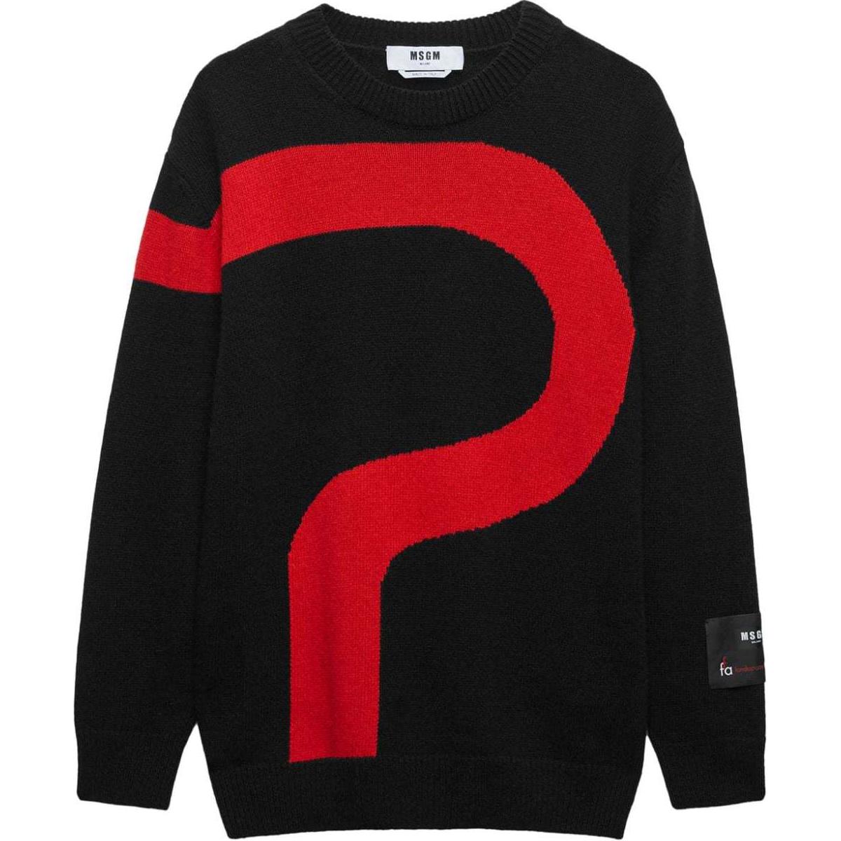 MSGM Logo Patch Crewneck Oversized Long Sleeve Knit Sweater Black . 3740MM218247593-BLACK