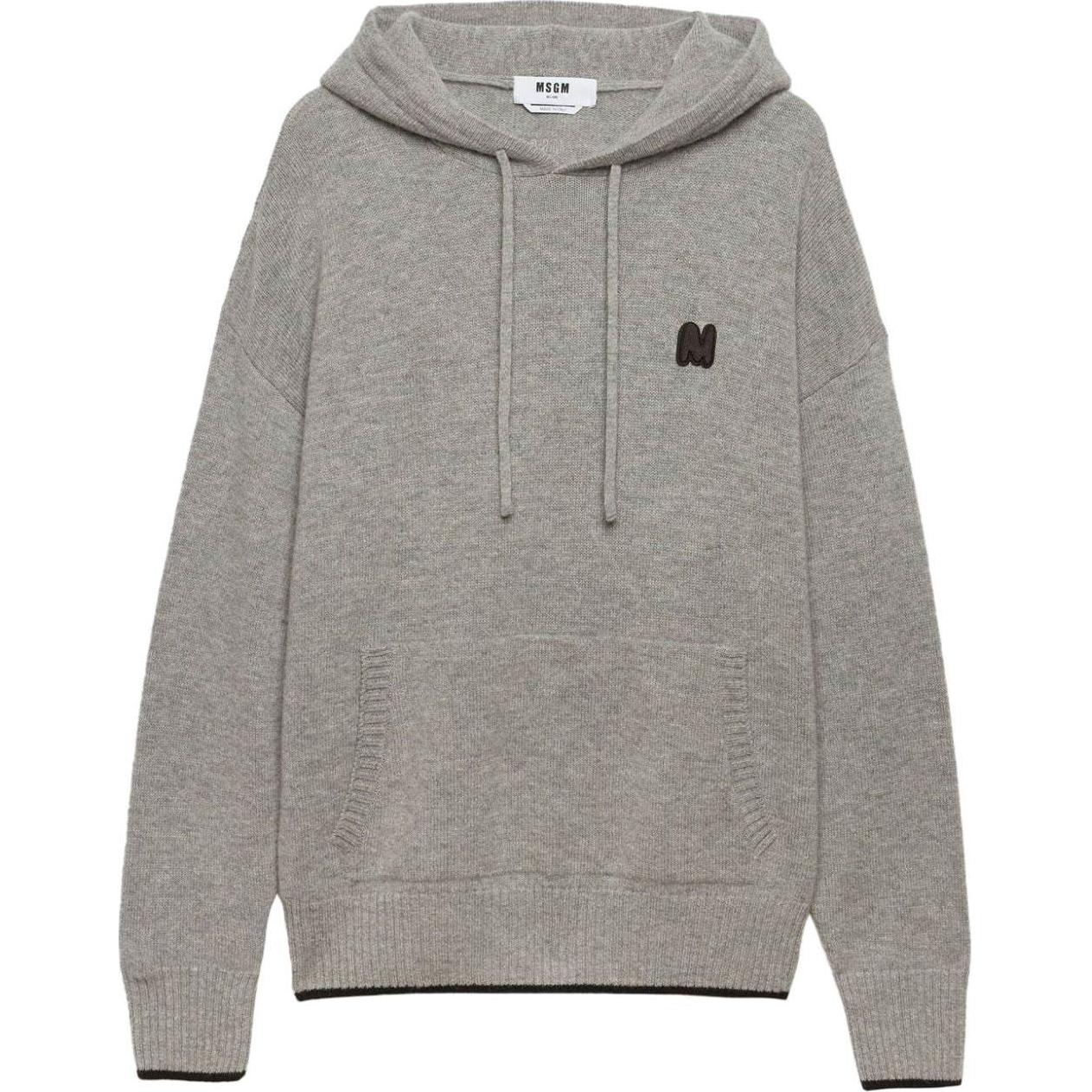 MSGM Logo Patch Drawstring Hoodie Men’s Light Gray Drop Shoulder Design 3740MM200247790-GREY