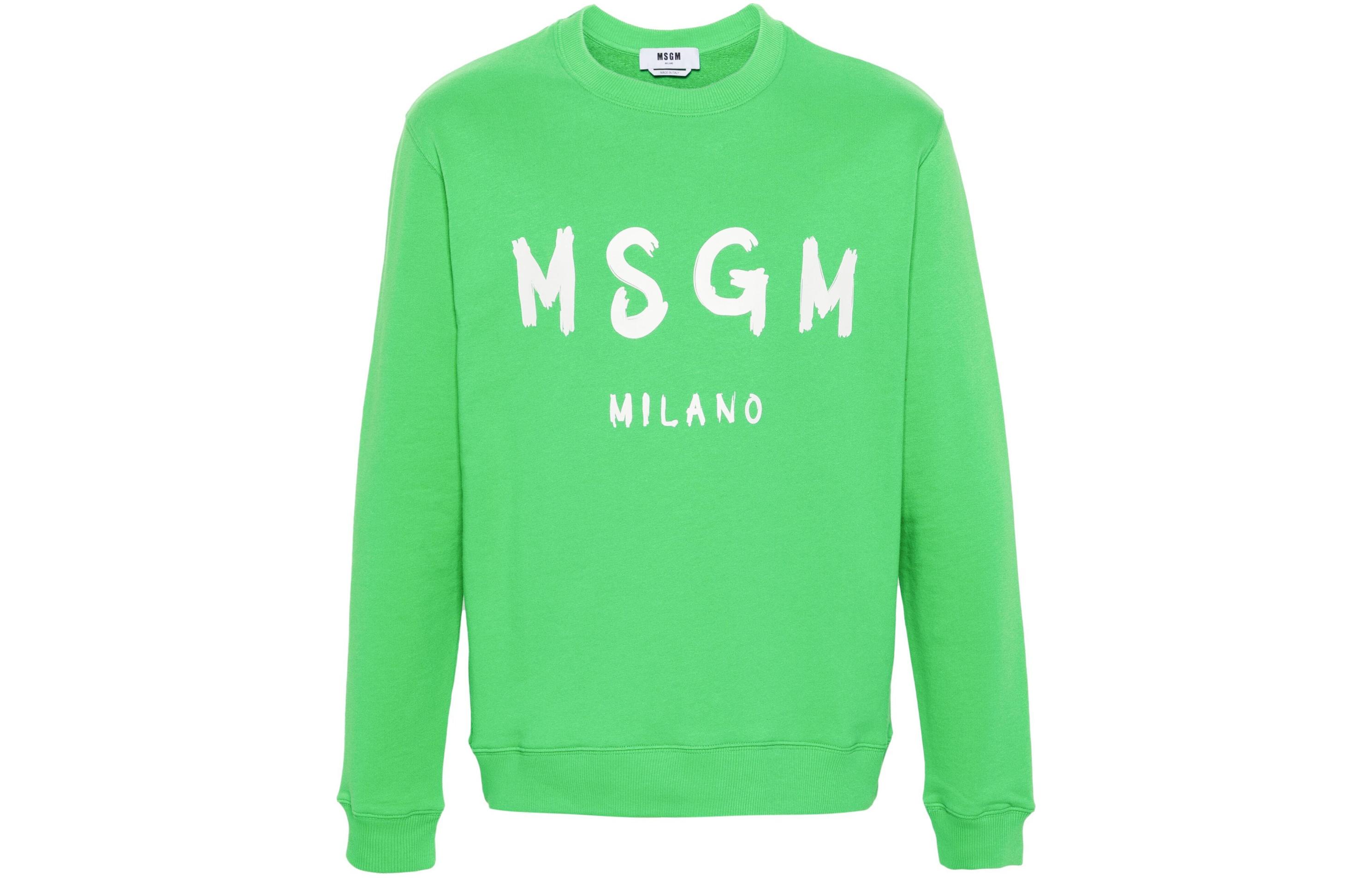 MSGM Logo Print Cotton Long-Sleeve Crewneck Sweatshirt Lime Green Men 3640MM513247000-GREEN