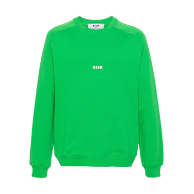MSGM Logo Print Cotton Long-Sleeve Sweatshirt Lime Green - 3640MM503247000-GREEN