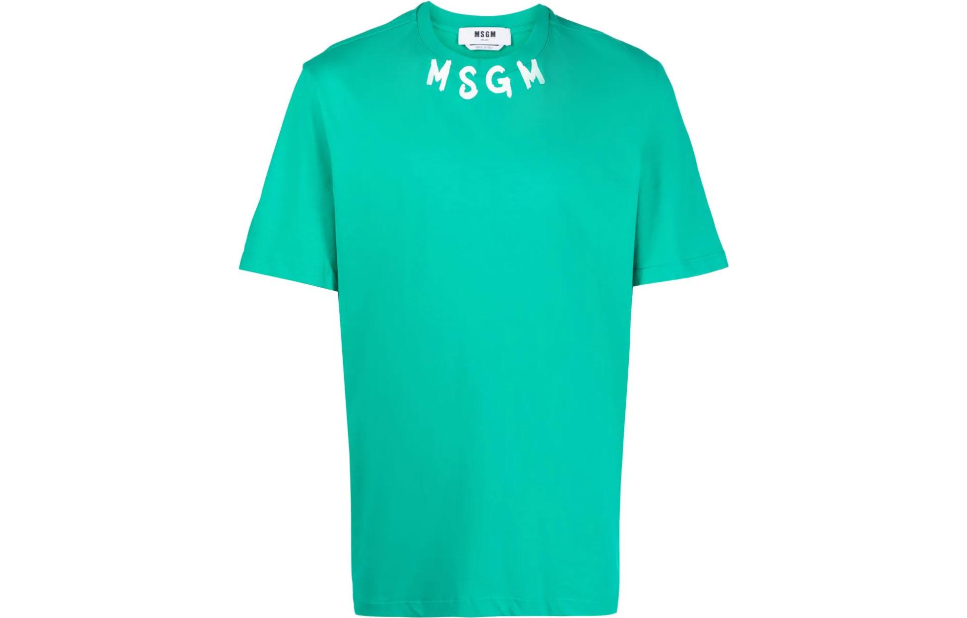 MSGM Logo Printed Green Cotton Short Sleeve T-Shirt (). 3540MM103237798-GREEN