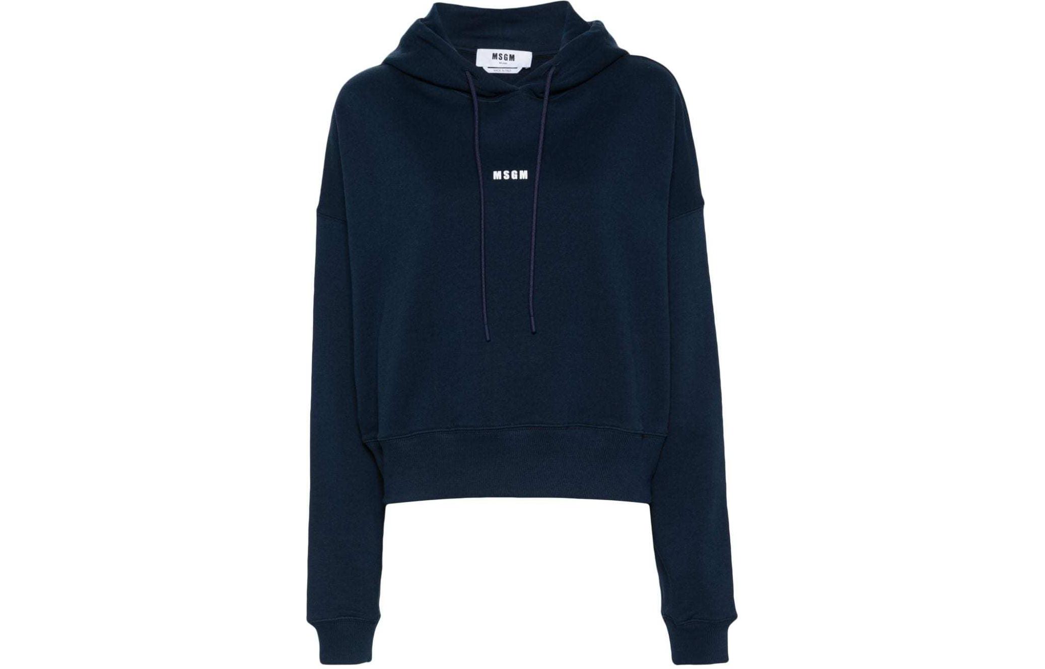 MSGM Short Logo Print Oversized Hoodie Navy Blue - 3641MDM509247000-NAVY