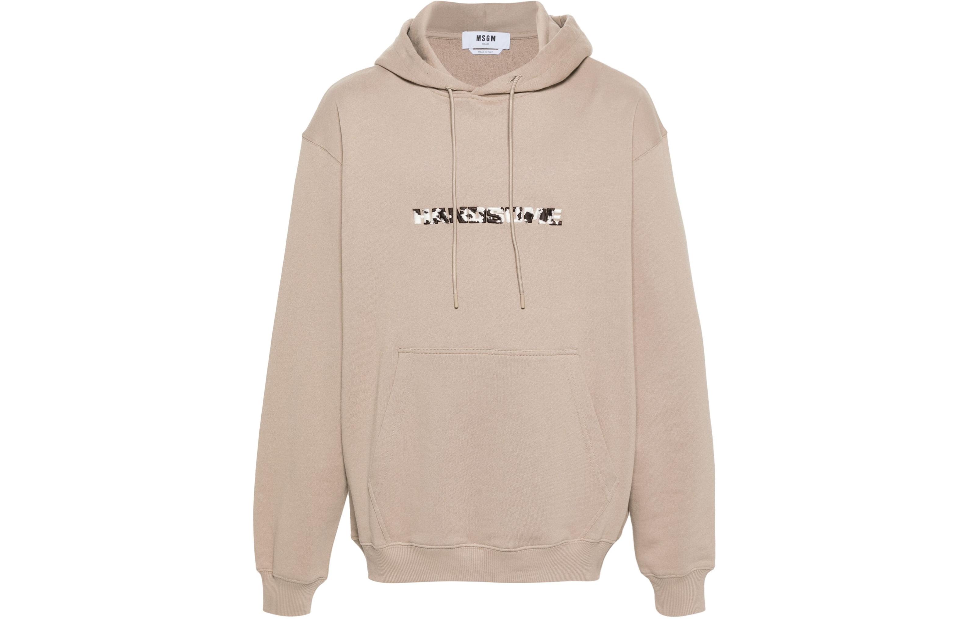 MSGM Slogan Embroidered Cotton Hoodie Light Brown () 3640MM137247000-BROWN