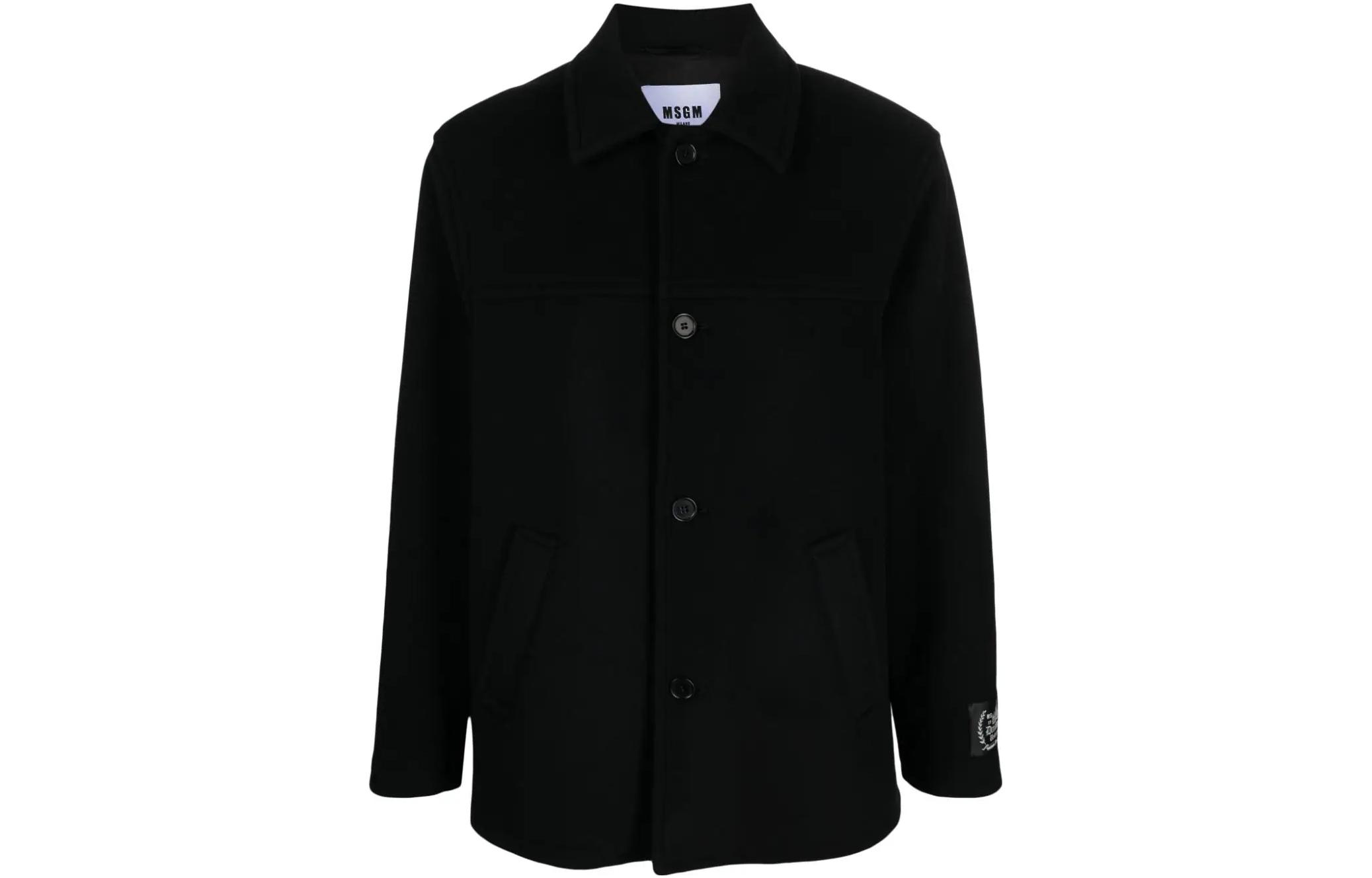 MSGM Solid Black Jacket with Sleeve Logo Patch Detail for Men 3540MC03237600-BLACK