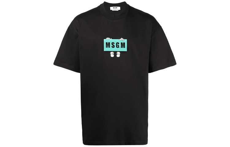MSGM SS21 Cartoon Logo Print Black Short Sleeve T-Shirt Men 3040MM108-217098-99