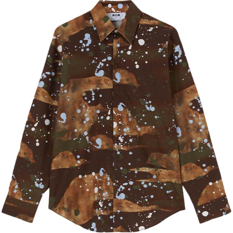 MSGM SS24 Splatter Camo Stand Collar Long Sleeve Shirt Men’s Army Green 3640ME04-247050-37