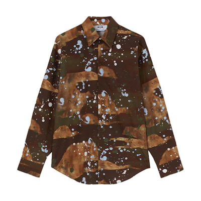 MSGM SS24 Splatter Camo Stand Collar Long Sleeve Shirt Men’s Army Green 3640ME04-247050-37