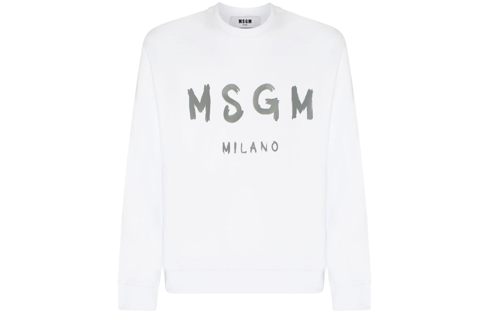 MSGM SS2 White Pullover Crewneck Logo Print Long Sleeve Sweatshirt Men 3440MM513237000-01