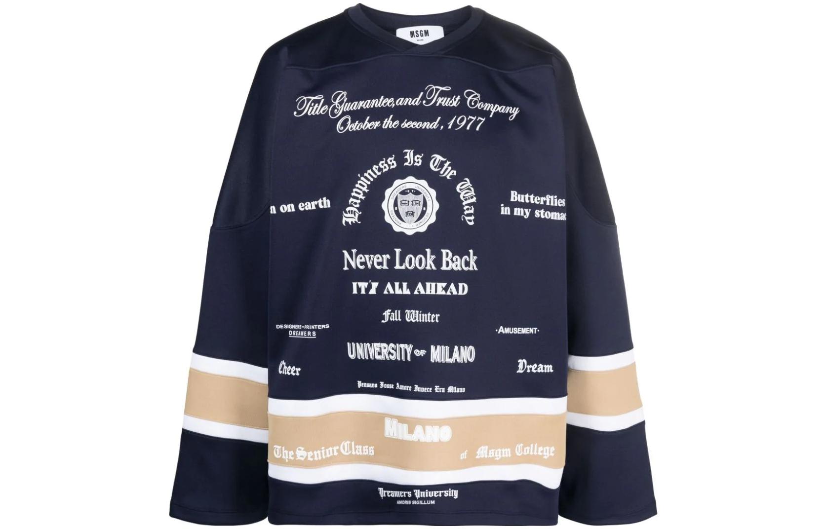 MSGM Stripe Letter Print Crewneck Sweatshirt Navy Blue () 3540MM78237510-NAVY